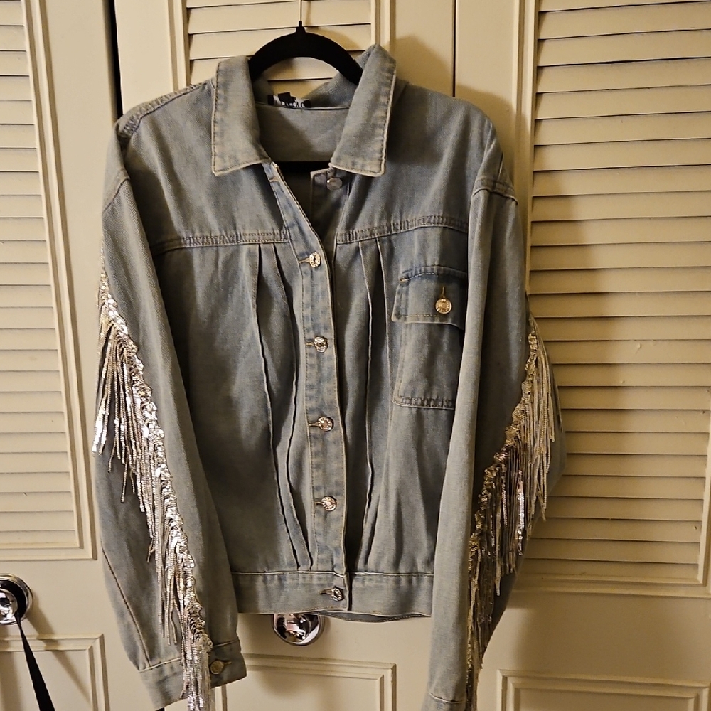 Timing Gray Denim Jacket with Silver Fringe